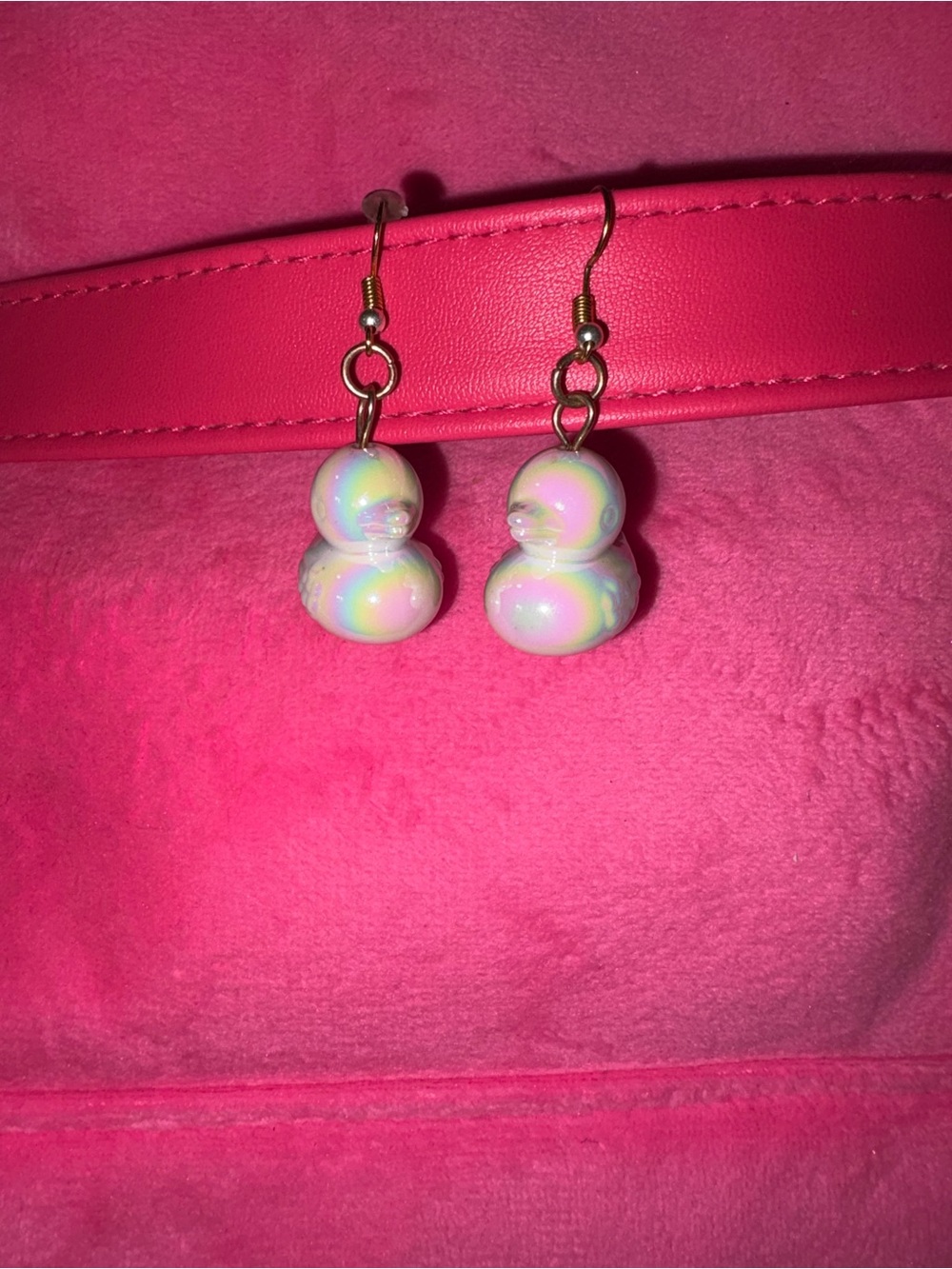 home made rotating Iridescent Duck Earrings -white